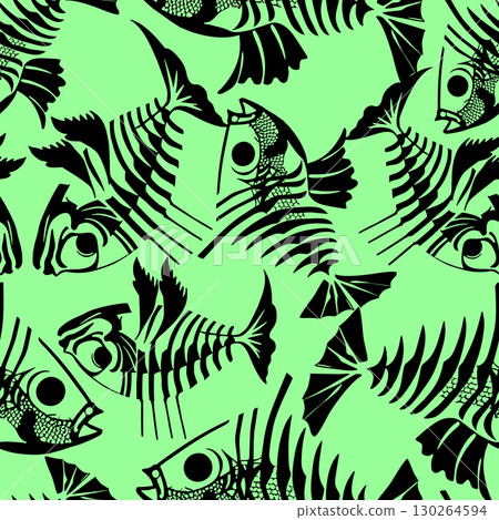 seamless pattern of black graphic fish skeletons on a green background, texture, design seamless pattern of black graphic fish skeletons on a green background, texture, design 130264594