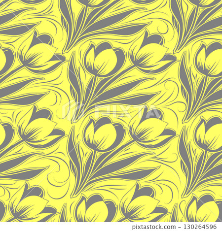 simple seamless gray and yellow tulip flowers pattern, background, texture 130264596