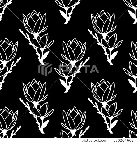 seamless symmetrical pattern of white graphic magnolia flowers on a black background, texture, design 130264602