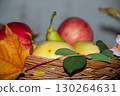 autumn basket with ripe pears and grapes on a black background. High quality photo 130264631