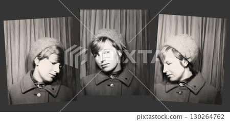 A set of vintage portraits of a beautiful young woman in a hat in profile and half-turn. Retro photographs from 1967. 130264762