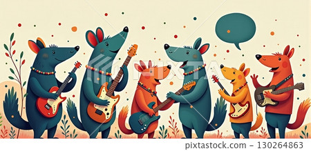Cheerful animal band plays guitars and sings together - ai generated 130264863