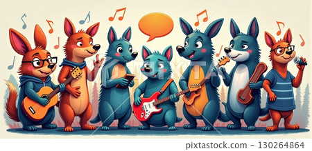 Cheerful animal band plays guitars and sings together - ai generated 130264864