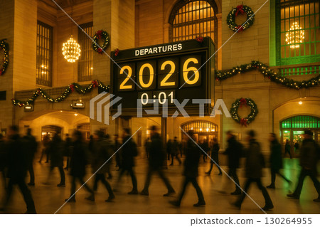 New Year Countdown In Historic Station With Festive Wreaths And Departures Board 2026 New Year Countdown In Historic Station With Festive Wreaths And Departures Board 2026 130264955