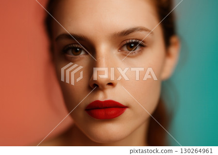 Elegant Beauty Portrait With Red Lipstick On Dual-Tone Background 130264961