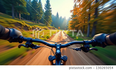 Race down the forest trail, gripping the handlebars, trees blur passing by - ai generated 130265054