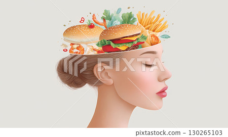 illustration.Girl thinks about unhealthy fast food in her head 130265103