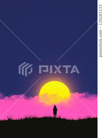 A surreal neon landscape: stark silhouettes against vibrant colors. A massive sun rises, casting pink mist over an otherworldly scene 130265133