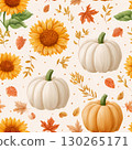 hand drawn autumn seasonal seamless pattern with pumpkins, leaves and flowers 130265171