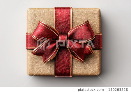 Holiday gift. Elegant packaging. Classic Gift Box with Red bow on white background. Traditional gift box. Holiday gift. Elegant packaging. Classic Gift Box with Red bow on white background. Traditional gift box. 130265228