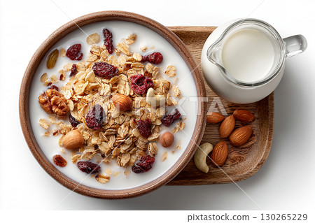 Delicious breakfast. Top view of a tray of muesli in nuts on a bowl and milk jug on a white background. Classic breakfast. 130265229