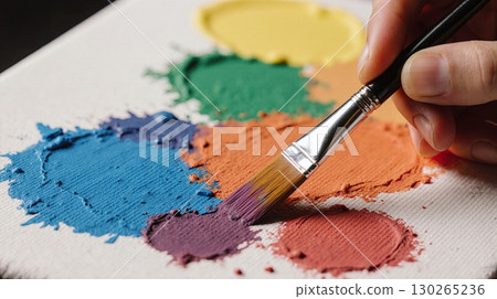 A brush in painter hand paint colorful oil paints on canvas with a brush - ai generated 130265236