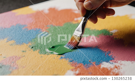A brush in painter hand paint colorful oil paints on canvas with a brush - ai generated 130265238