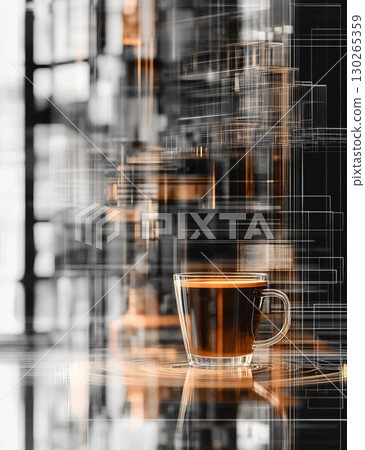 Coffee glass with futuristic digital overlay Coffee glass with futuristic digital overlay 130265359