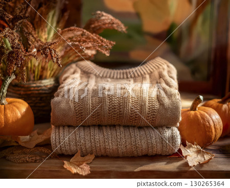 Stacked wool autumn sweaters on wooden background 130265364