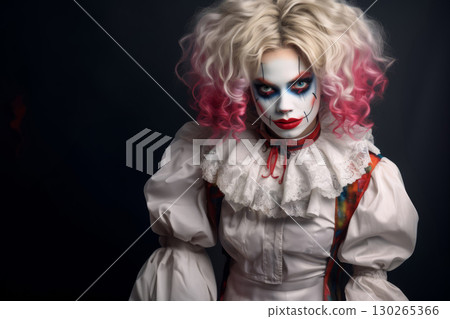 Pinkhead girl with clown makeup on her face 130265366