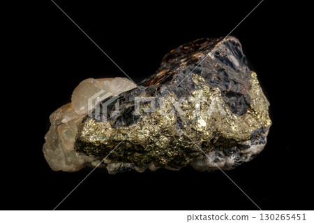 Macro of a mineral stone Sphalerite with fluorite and pyrite on a black background 130265451
