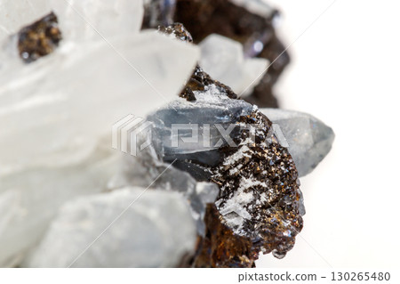 Macro mineral stone Drusus quartz with sphalerite in the rock a white background 130265480