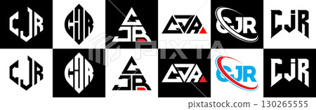 CJR letter logo design in six style. CJR polygon, circle, triangle, hexagon, flat and simple style with black and white color variation letter logo set in one artboard. CJR minimalist and classic logo 130265555
