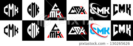 CMK letter logo design in six style. CMK polygon, circle, triangle, hexagon, flat and simple style with black and white color variation letter logo set in one artboard. CMK minimalist and classic logo 130265626