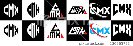 CMX letter logo design in six style. CMX polygon, circle, triangle, hexagon, flat and simple style with black and white color variation letter logo set in one artboard. CMX minimalist and classic logo 130265731