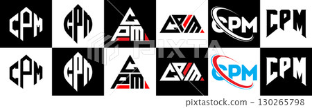 CPM letter logo design in six style. CPM polygon, circle, triangle, hexagon, flat and simple style with black and white color variation letter logo set in one artboard. CPM minimalist and classic logo 130265798
