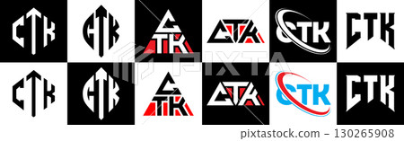 CTK letter logo design in six style. CTK polygon, circle, triangle, hexagon, flat and simple style with black and white color variation letter logo set in one artboard. CTK minimalist and classic logo 130265908