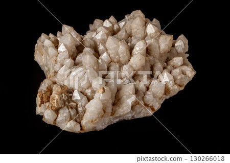 Macro Mineral Snow quartz Crystals on Black Background 130266018