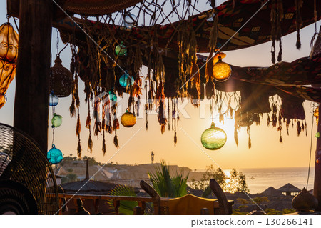 Vintage Arabic oriental cafe. Place to relax on beach Ras Umm El Sid of Red Sea. Sharm El Sheikh, Egypt. High quality photo 130266141