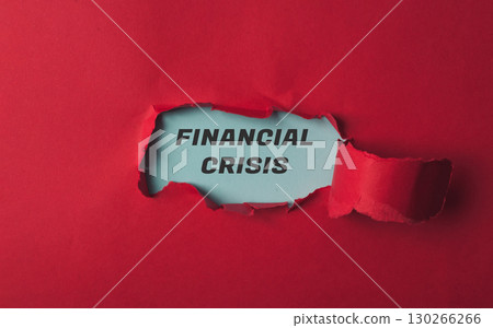 Red background with a blue word that says financial crisis 130266266
