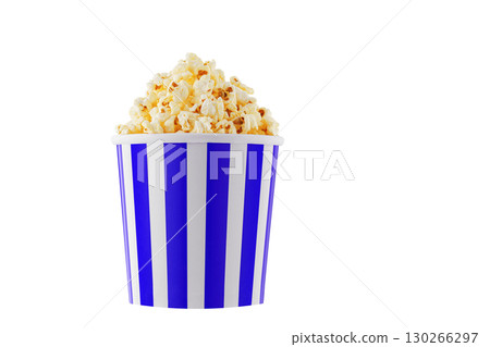 Delicious popcorn, classic box, classic paper cup with Blue stripe, isolated on white background Delicious popcorn, classic box, classic paper cup with Blue stripe, isolated on white background 130266297