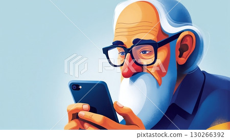 Senior man with white beard holding smartphone - ai generated 130266392