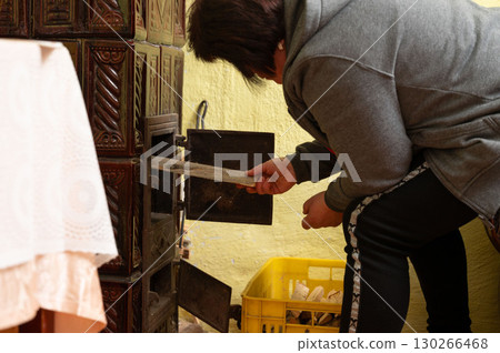 Woman carefully tending to a traditional wood-burning stove in a cozy kitchen, crafting a warm atmosphere on a chilly afternoon Woman carefully tending to a traditional wood-burning stove in a cozy kitchen, crafting a warm atmosphere on a chilly afternoon 130266468