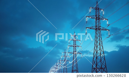 Power lines glow and stretch across a blue evening sky - ai generated 130266628