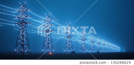 Power lines glow and stretch across a blue evening sky - ai generated 130266629