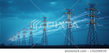 Power lines glow and stretch across a blue evening sky - ai generated Power lines glow and stretch across a blue evening sky - ai generated 130266630