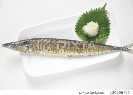 Grilled saury served on a plate 130266795
