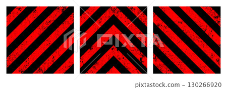 Warning sign with red and black diagonal lines. Attention, danger or caution symbol. Construction site signage, road safety notice, hazard banner, security alert shield. Vector illustration 130266920