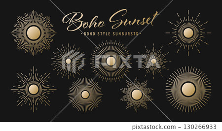 Vintage golden sunburst, sunset beams collection. Boho style, modern minimalist bohemian design. Hand drawn bursting sun, light rays. Logotype or lettering retro design element. Vector illustration 130266933