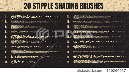 Ink scatter brush, stipple drawing and texturing. Fading gradient. Stippling, dotwork drawing, shading using dots. Halftone disintegration effect. White noise grainy texture. Vector illustration Ink scatter brush, stipple drawing and texturing. Fading gradient. Stippling, dotwork drawing, shading using dots. Halftone disintegration effect. White noise grainy texture. Vector illustration 130266937