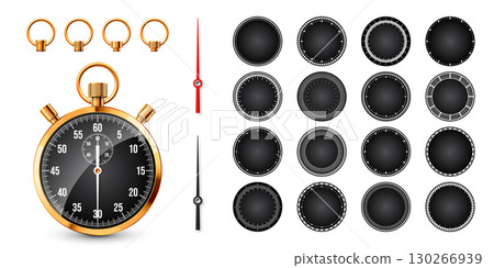 Realistic classic stopwatch. Shiny golden metal chronometer, time counter with dial. Countdown timer showing minutes and seconds. Time measurement for sport, start, finish. Vector illustration 130266939