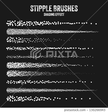 Ink scatter brush, stipple drawing and texturing. Fading gradient. Stippling, dotwork drawing, shading using dots. Halftone disintegration effect. White noise grainy texture. Vector illustration 130266943