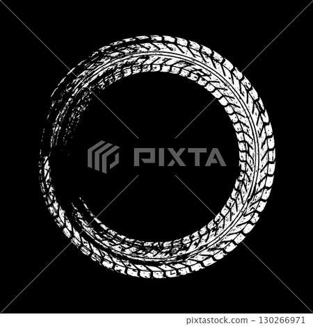 Grunge circle tire track, wheel braking mark. Truck, car or motorcycle tread pattern silhouettes. Auto race, motorsport, speed racing design element. Vector illustration 130266971