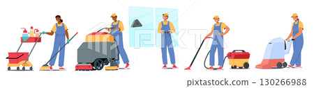 Man and woman cleaning service company workers cartoon characters isolated set on white background 130266988
