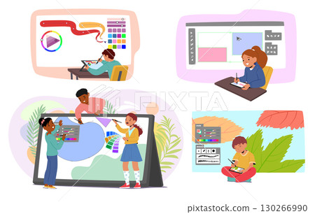 Inspired school children learning graphic art design drawing with digital tablet cartoon scene 130266990
