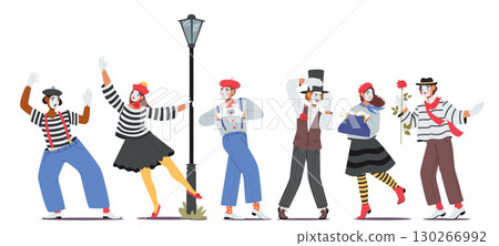 Cute mime actor and actress cartoon characters wearing traditional clothing and headgear set 130266992