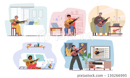 People of different age taking online guitar lesson learning playing music instrument at home scenes 130266995