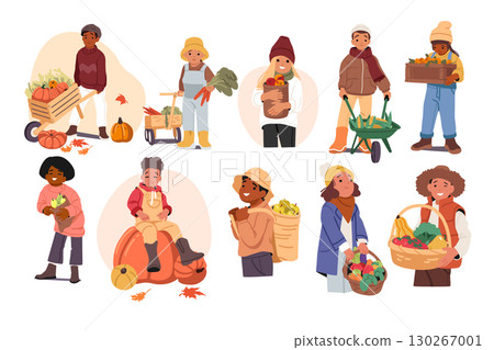 Cute happy children cartoon characters with vegetables and fruits autumn harvest isolated set Cute happy children cartoon characters with vegetables and fruits autumn harvest isolated set 130267001