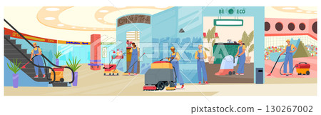 Workers team wearing in providing professional cleaning service and shopping mall premises sanitation Workers team wearing in providing professional cleaning service and shopping mall premises sanitation 130267002