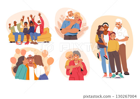 Happy grandparents day cartoon scenes set design with retired adults and children together Happy grandparents day cartoon scenes set design with retired adults and children together 130267004